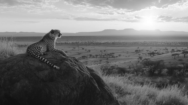 African savannah scene in black and white