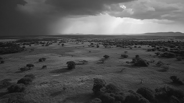 African savannah scene in black and white