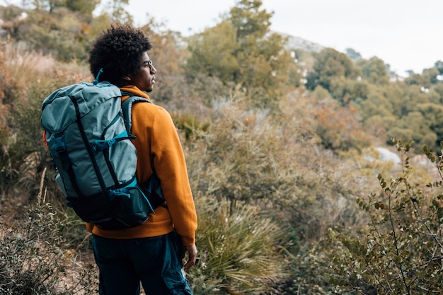 Free photo an african young male hiker hiking with backpack