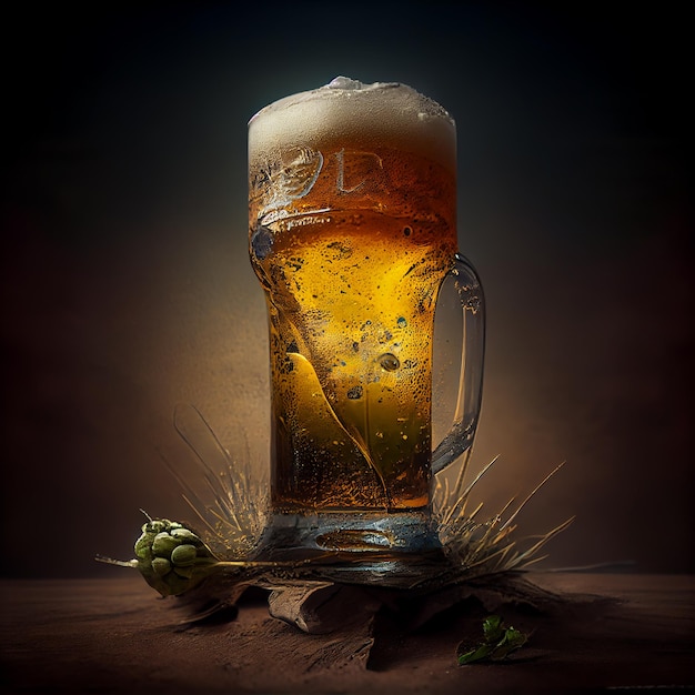 Free photo alcohol drop in frothy beer mug close up generative ai