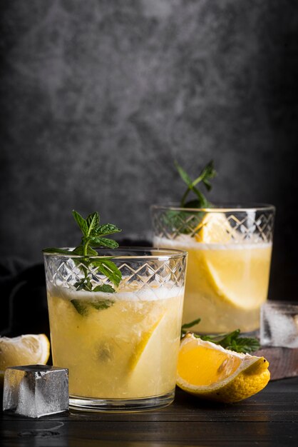 Alcoholic beverage cocktail with lemon and mint