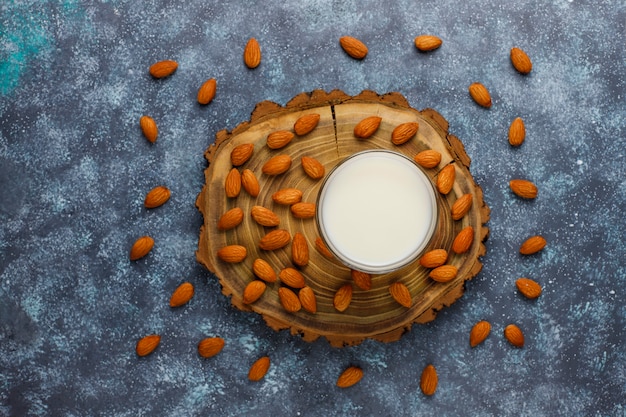 Almond milk with almond, top view