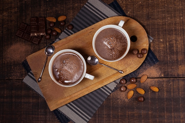 Almonds and hot chocolate top view