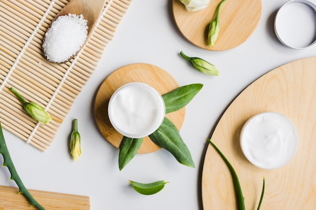 Aloe vera leaves with a beauty cream bottle