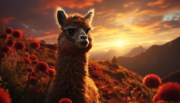 Free photo alpaca grazing on a farm enjoying the beautiful sunset landscape generated by artificial intellingence