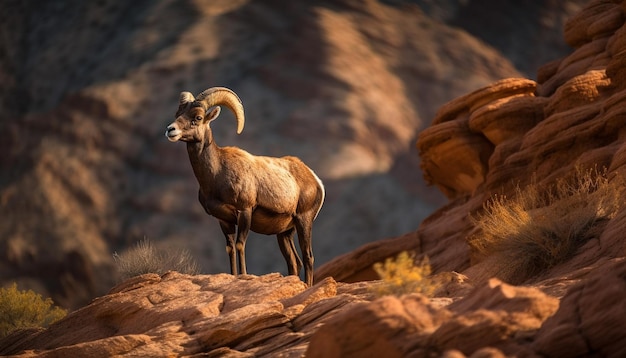 Alpine ibex grazing on rocky mountain cliff generated by AI