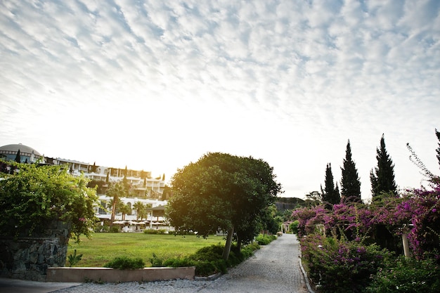 Amazing gardens of luxury hotel in sunset at Bodrum Turkey