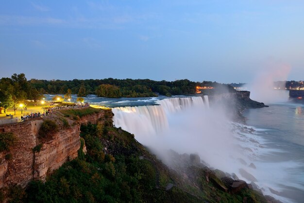 The American Falls from Niagara Falls closeup at dusk after sunset