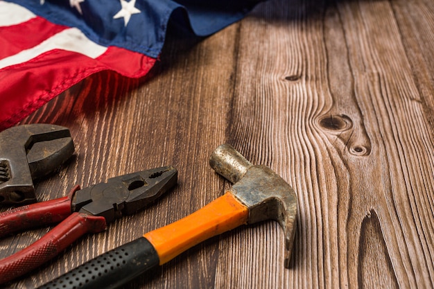 Free Photo american flag and tools near the helmet labor day concept.