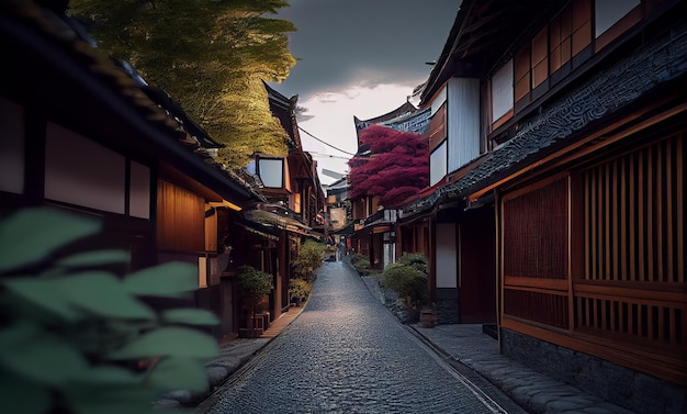 Ancient architecture and Japanese lanterns glowing outdoors generative AI