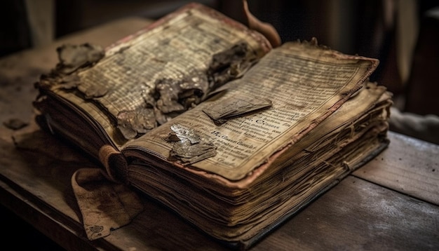 Ancient Bible page on old book table generated by AI