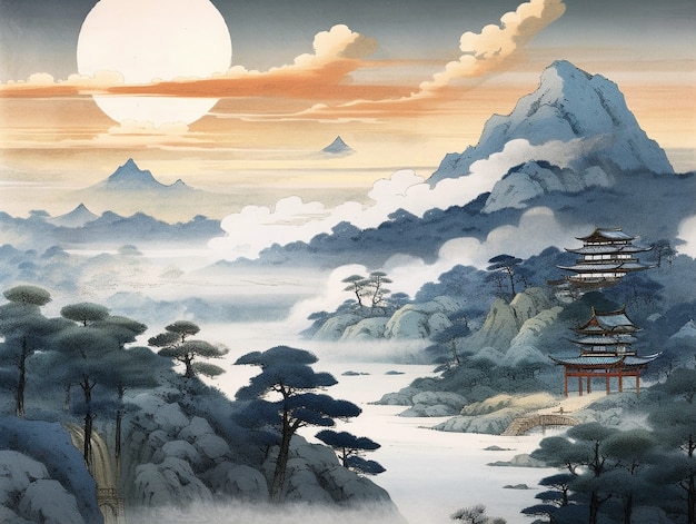 Free Photo ancient japan background in digital art style