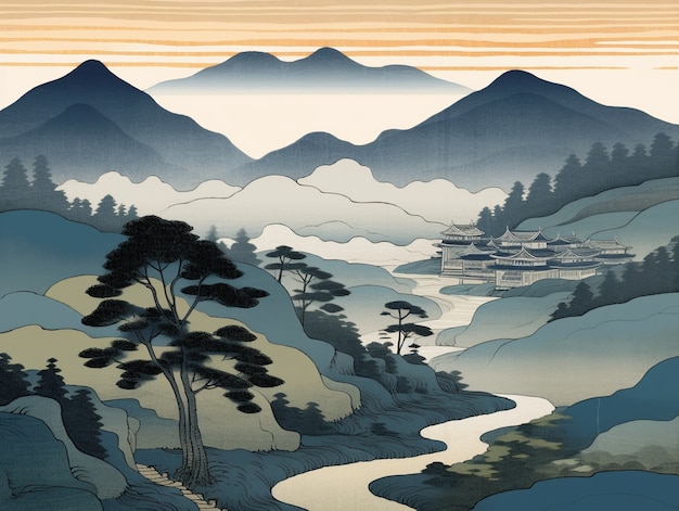 Ancient japan background in digital art style