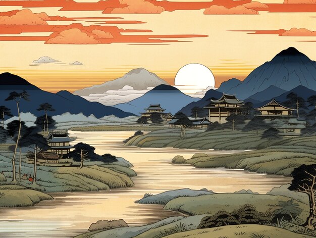 Ancient japan background in digital art style