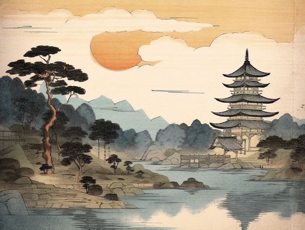 Free photo ancient japan background in digital art style