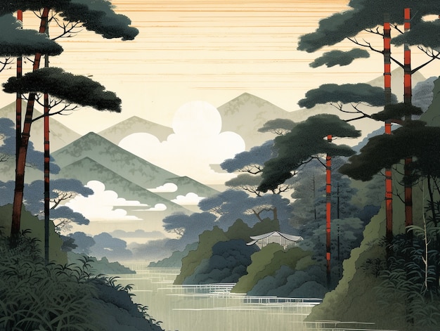 Ancient japan background in digital art style