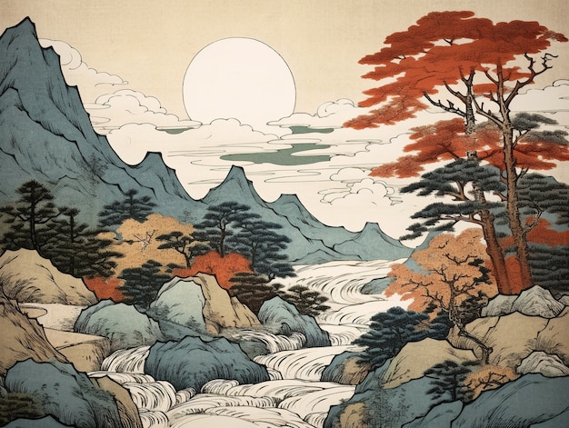 Ancient japan background in digital art style