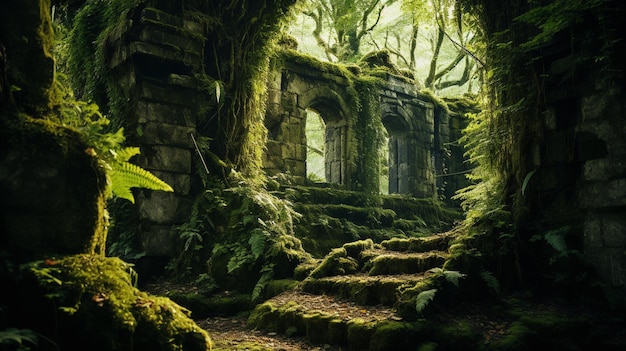 Free photo an ancient mosscovered ruin peeking through the thick vegetation