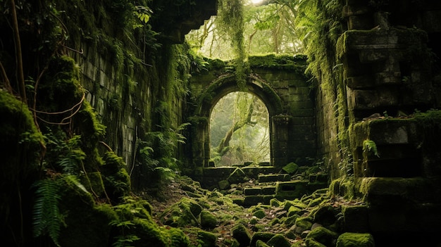 Free photo an ancient mosscovered ruin peeking through the thick vegetation