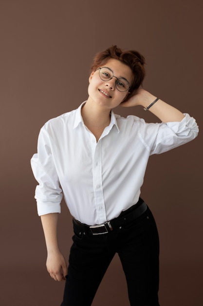 Androgynous teen in stylish clothes