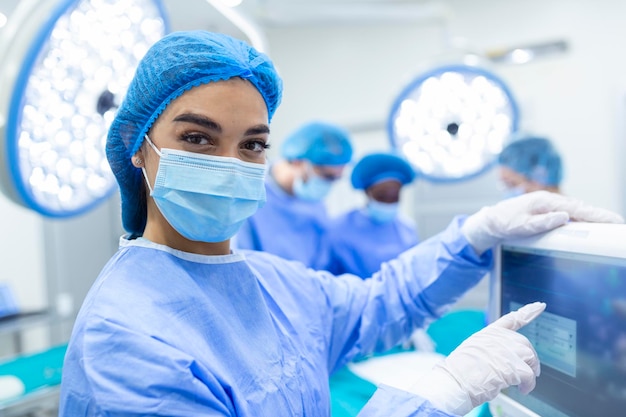 Anesthesiologist keeping track of vital functions of the body during cardiac surgery Surgeon looking at medical monitor during surgery Doctor checking monitor for patient health status