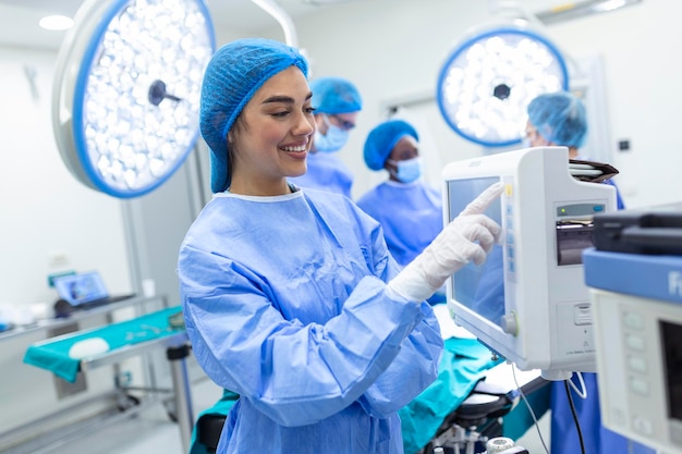 Anesthesiologist keeping track of vital functions of the body during cardiac surgery Surgeon looking at medical monitor during surgery Doctor checking monitor for patient health status