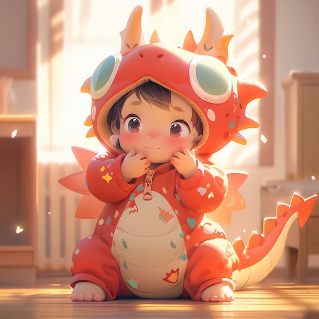 Free photo anime baby character with dragon costume illustration