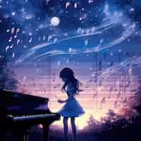 Free photo anime character playing piano