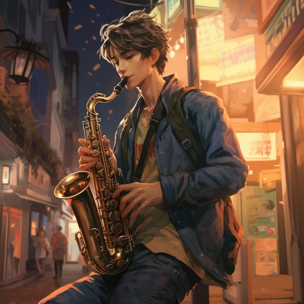 Free photo anime character playing trumpet