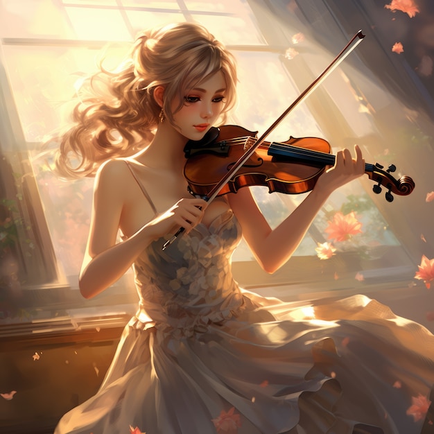 Free photo anime character playing violin