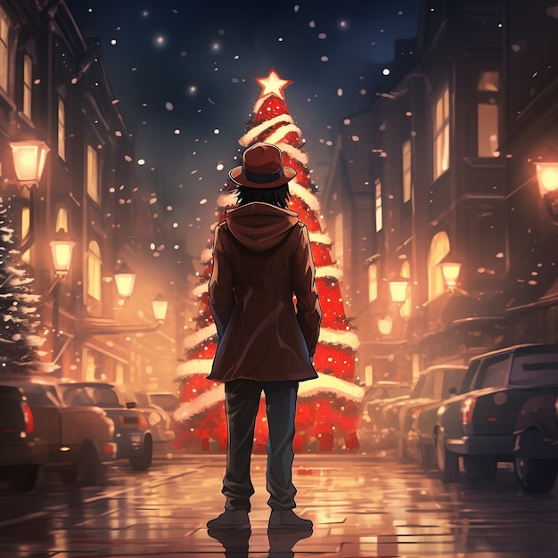 Free Photo anime character in town christmas season