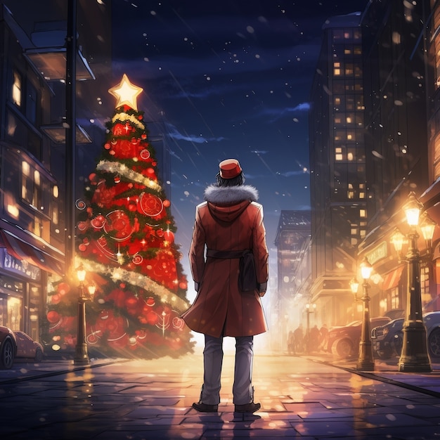 Free photo anime character in town christmas season