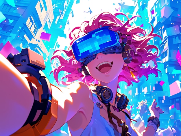 Anime character using virtual reality glasses in the metaverse