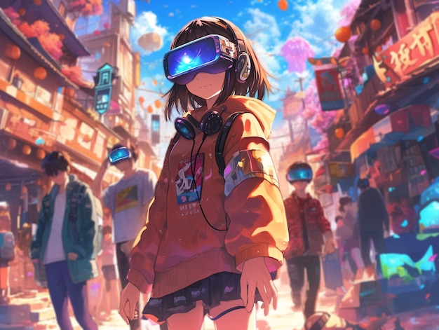 Anime character using virtual reality glasses in the metaverse