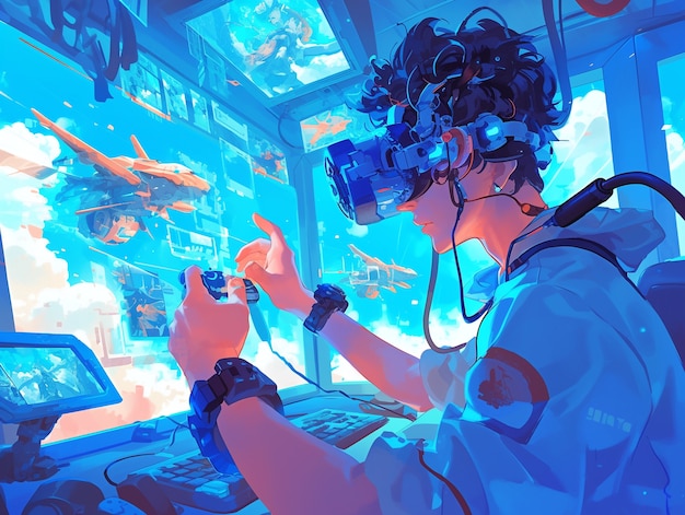 Anime character using virtual reality glasses in the metaverse