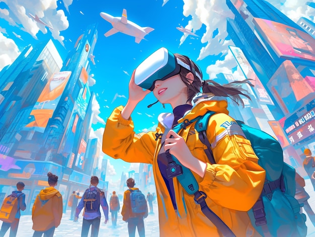 Anime character using virtual reality glasses in the metaverse