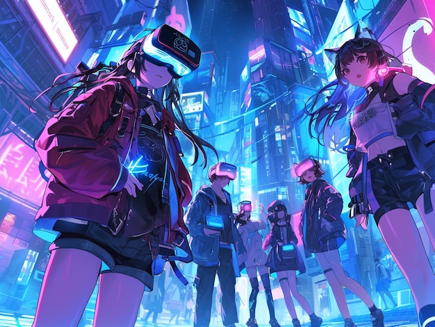 Anime character using virtual reality glasses in the metaverse