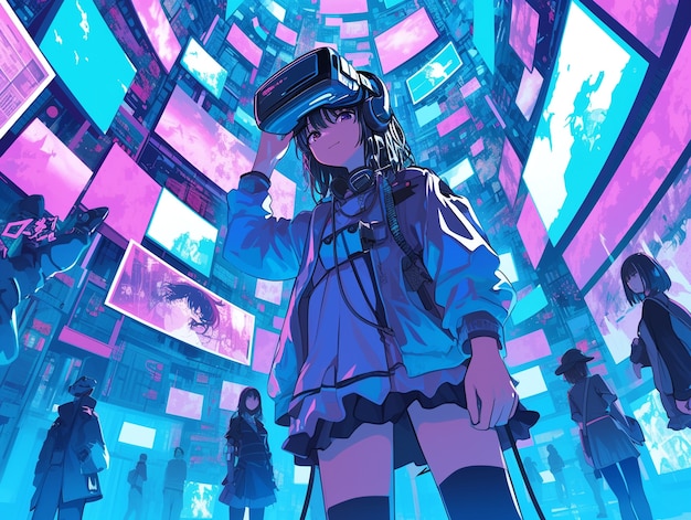 Anime character using virtual reality glasses in the metaverse