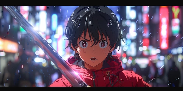 An anime character with a determined look wielding a sword in a rainy urban night setting