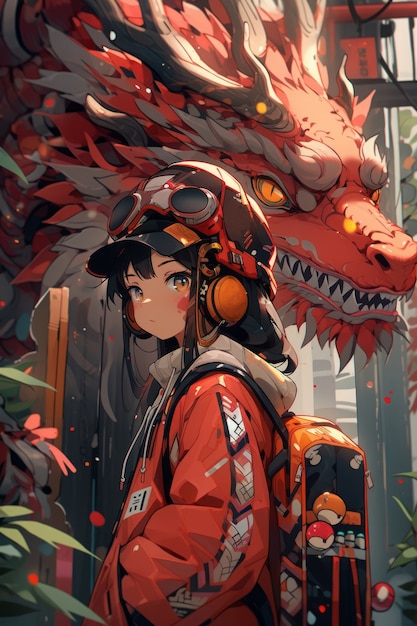 Anime character with dragon illustration