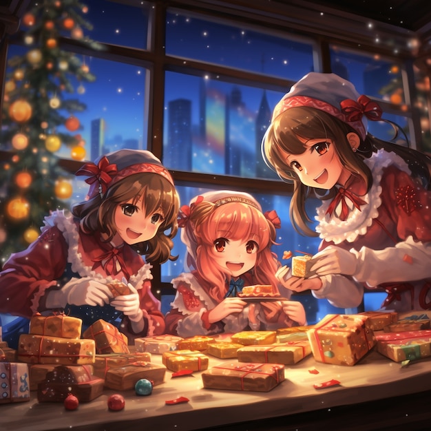 Anime characters celebrating christmas