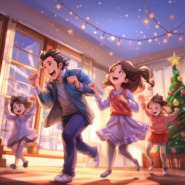 Anime characters celebrating christmas