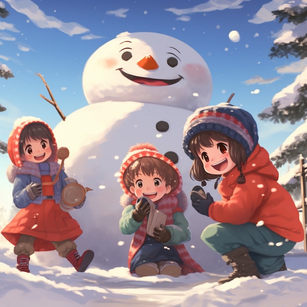 Free photo anime characters celebrating christmas