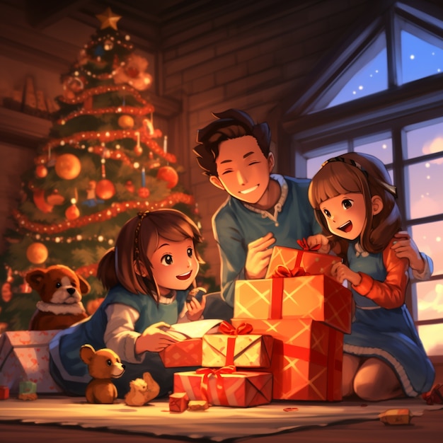 Anime characters celebrating christmas