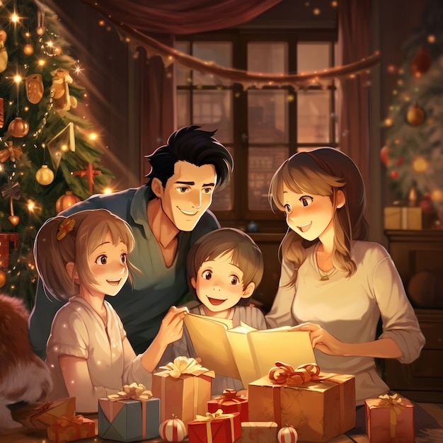 Anime characters celebrating christmas