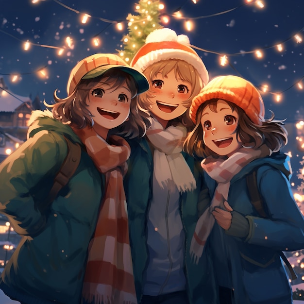 Free Photo anime characters celebrating christmas