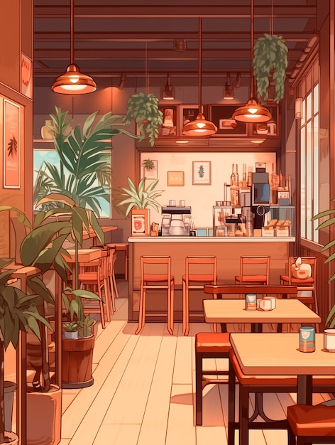 Free photo anime coffee shop illustration