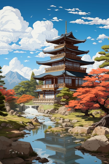 Anime countryside house illustration