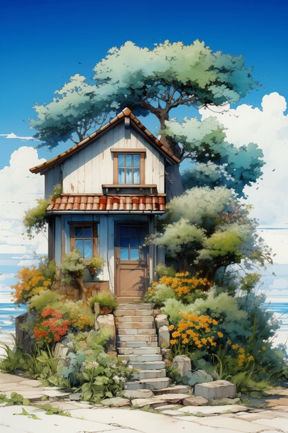 Anime countryside house illustration