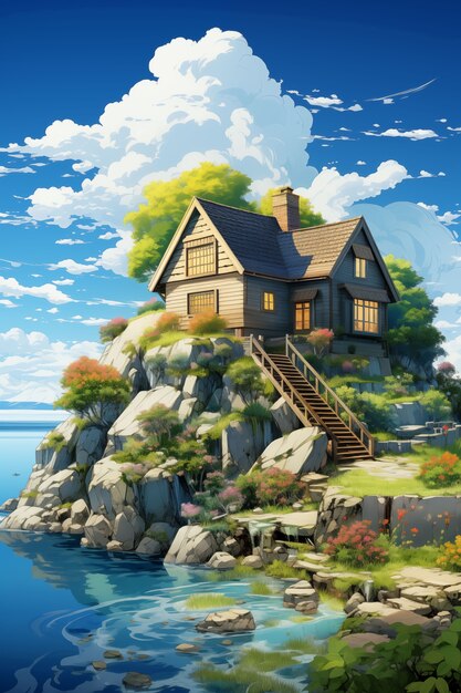 Anime countryside house illustration